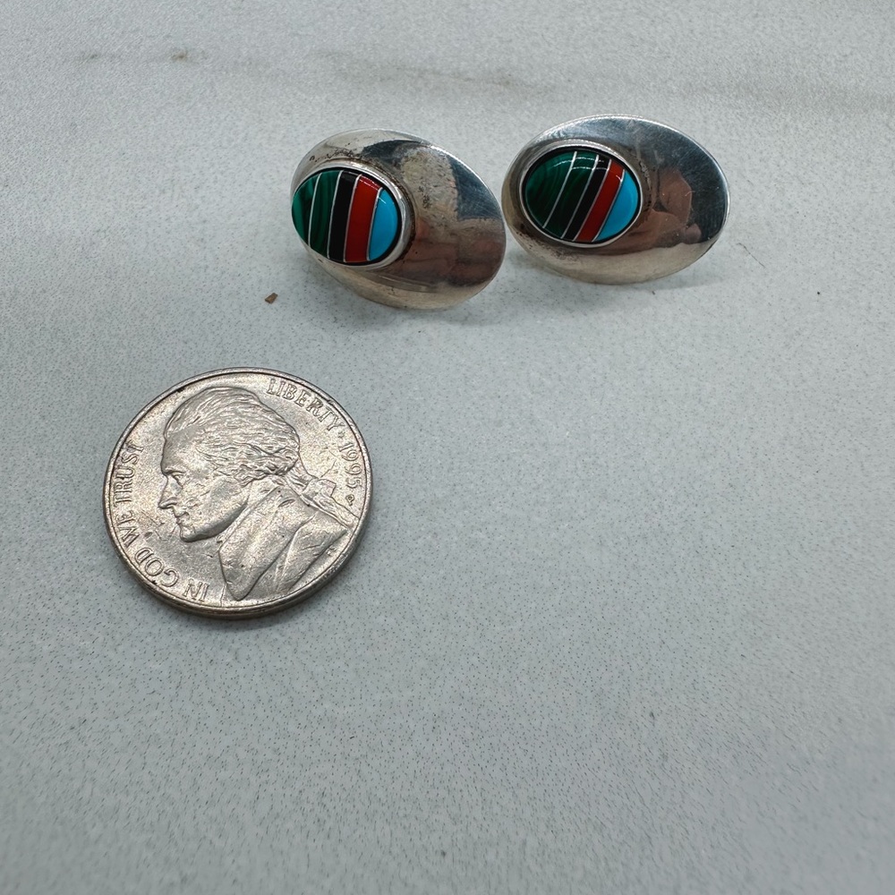 Vintage Zuni stone inlay shield earrings - Picture 3 of 4